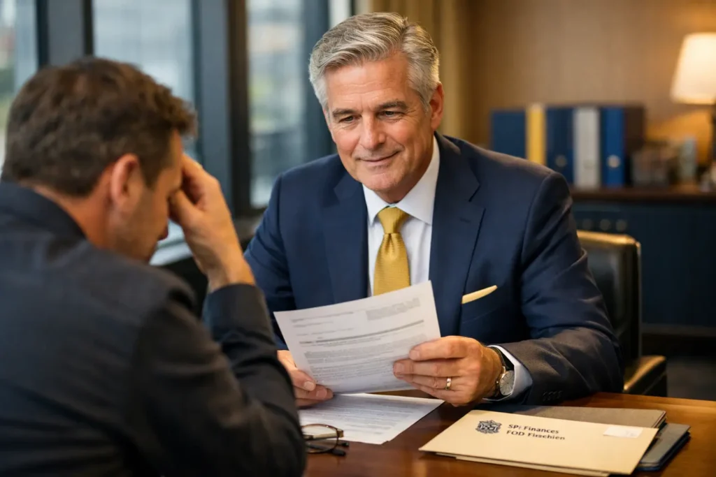 Expert-comptable fiscaliste conseillant un dirigeant face à un avis de contrôle fiscal belge