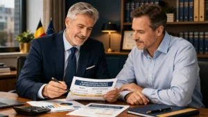 Expert-comptable conseillant un dirigeant de PME sur les conditions du taux réduit ISOC 2026 en Belgique
