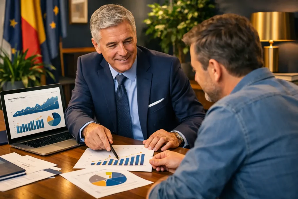 Expert-comptable fiscaliste conseillant un dirigeant de PME belge sur sa stratégie fiscale