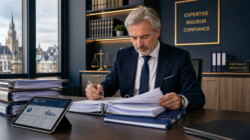 Expert-comptable vérifiant la comptabilité TVA d'une PME belge sur son bureau