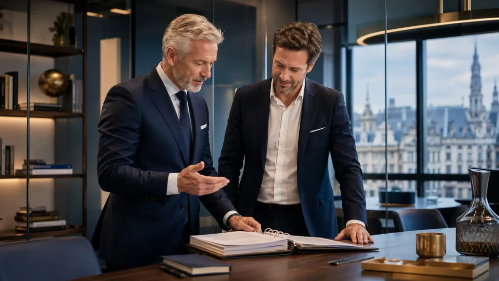 Expert-comptable en défense fiscale conseillant un dirigeant belge dans son bureau