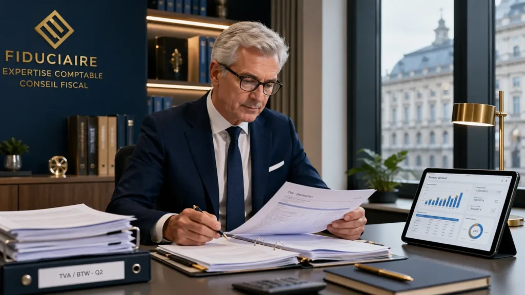 Expert-comptable en défense fiscale conseillant un dirigeant belge dans son bureau