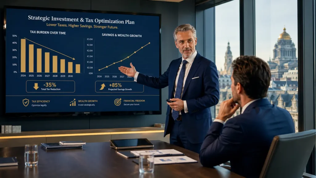 Expert fiscal conseillant un dirigeant de PME belge sur l'optimisation fiscale via les amortissements et déductions pour investissement