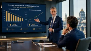 Expert fiscal conseillant un dirigeant de PME belge sur l'optimisation fiscale via les amortissements et déductions pour investissement